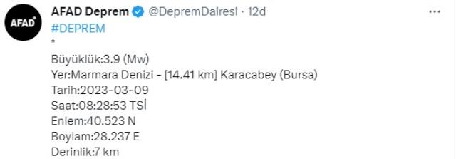 Marmara Denizi'nde 3.9 büyüklüğünde deprem!